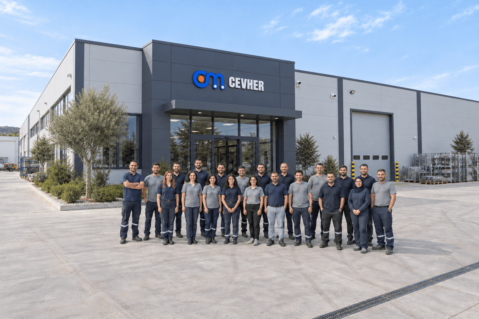 Cevher Teknoloji üretim tesisi ve ekibi, tesis girişinin önünde